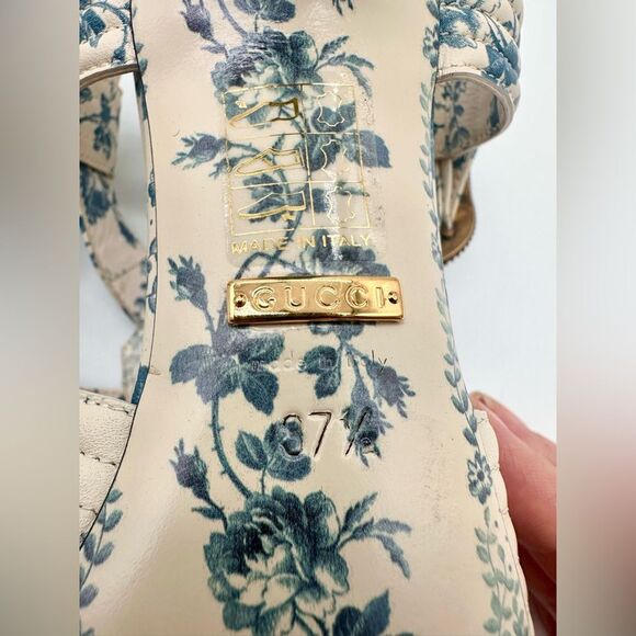 Gucci Gea GG Mid Heel Buds/Floral Blue Leather T-Strap Sandal Pump EU37.5 US7.5 - Picture 13 of 13